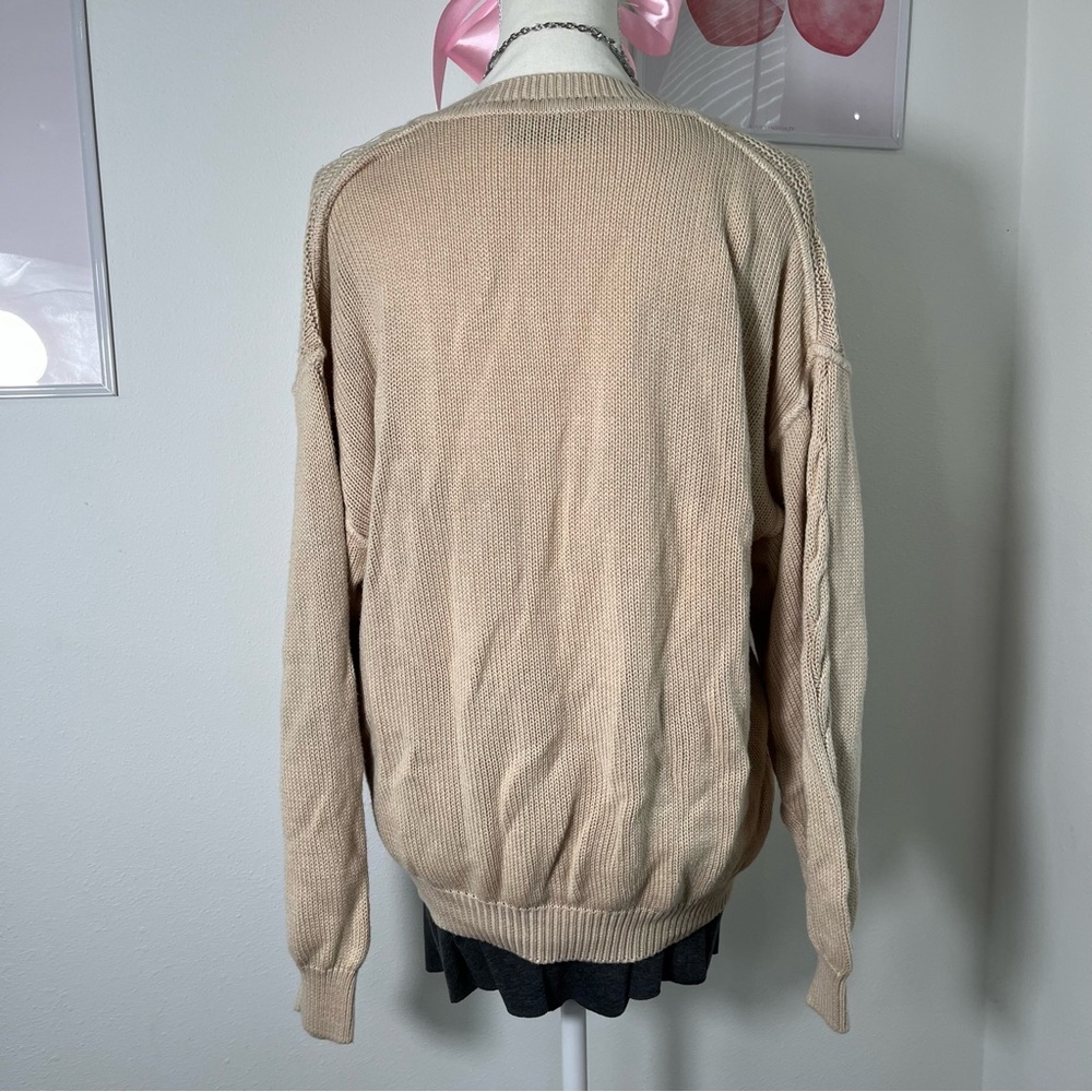 Vintage Italian Beige Cream Cable Knit V Neck Sweater Womens Large - Picture 6 of 7